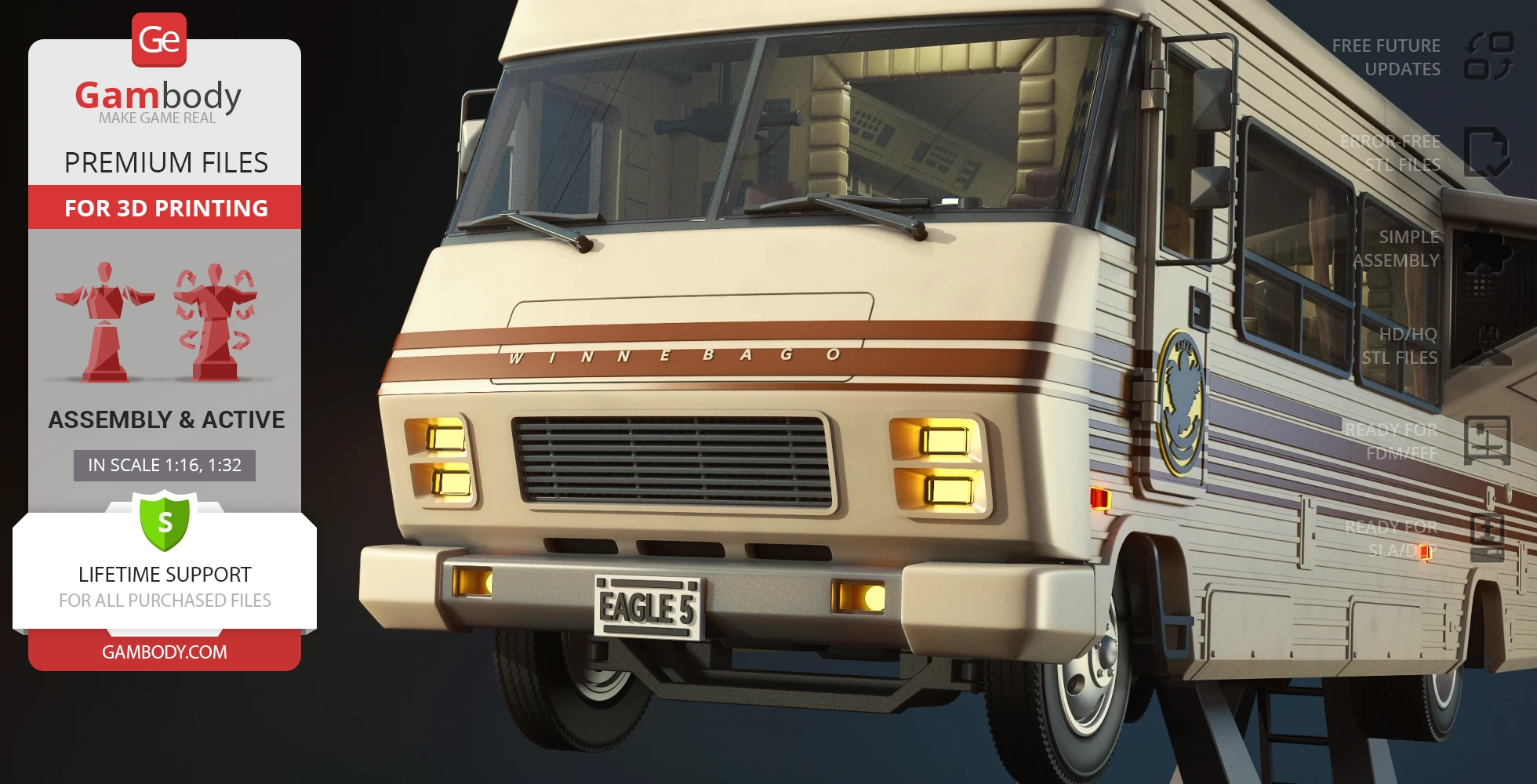 A 3D model of a retro Winnebago RV named 'Eagle 5' on a stand, featuring premium details for printing.