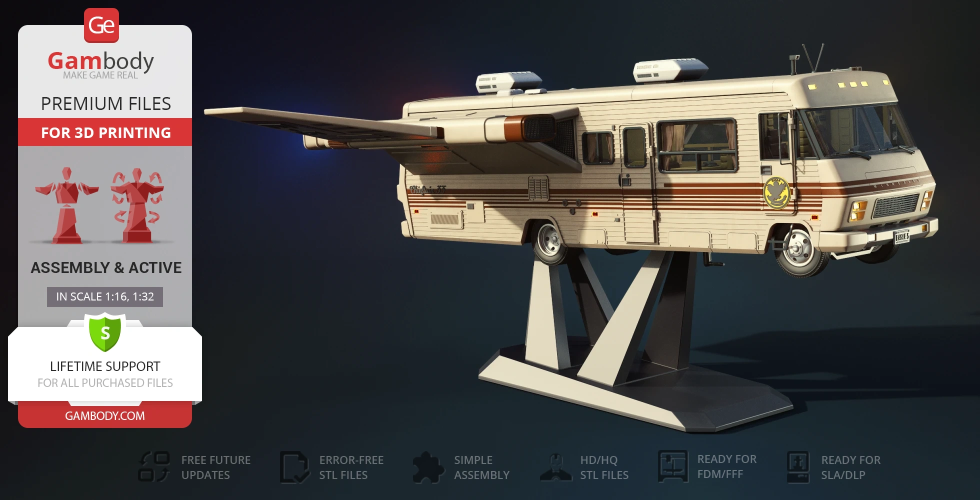 A beige, winged RV with a sci-fi design, mounted on a stand for 3D printing.