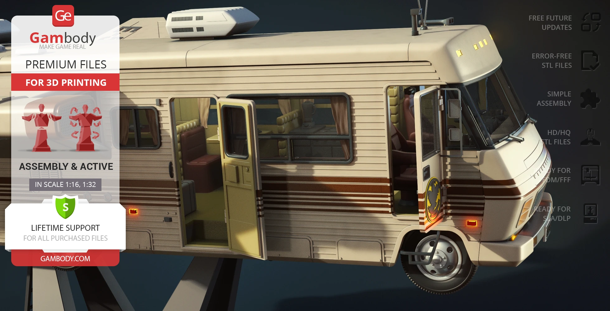 A 3D model of a classic RV with detailed textures, suited for sci-fi themes, ready for 3D printing.