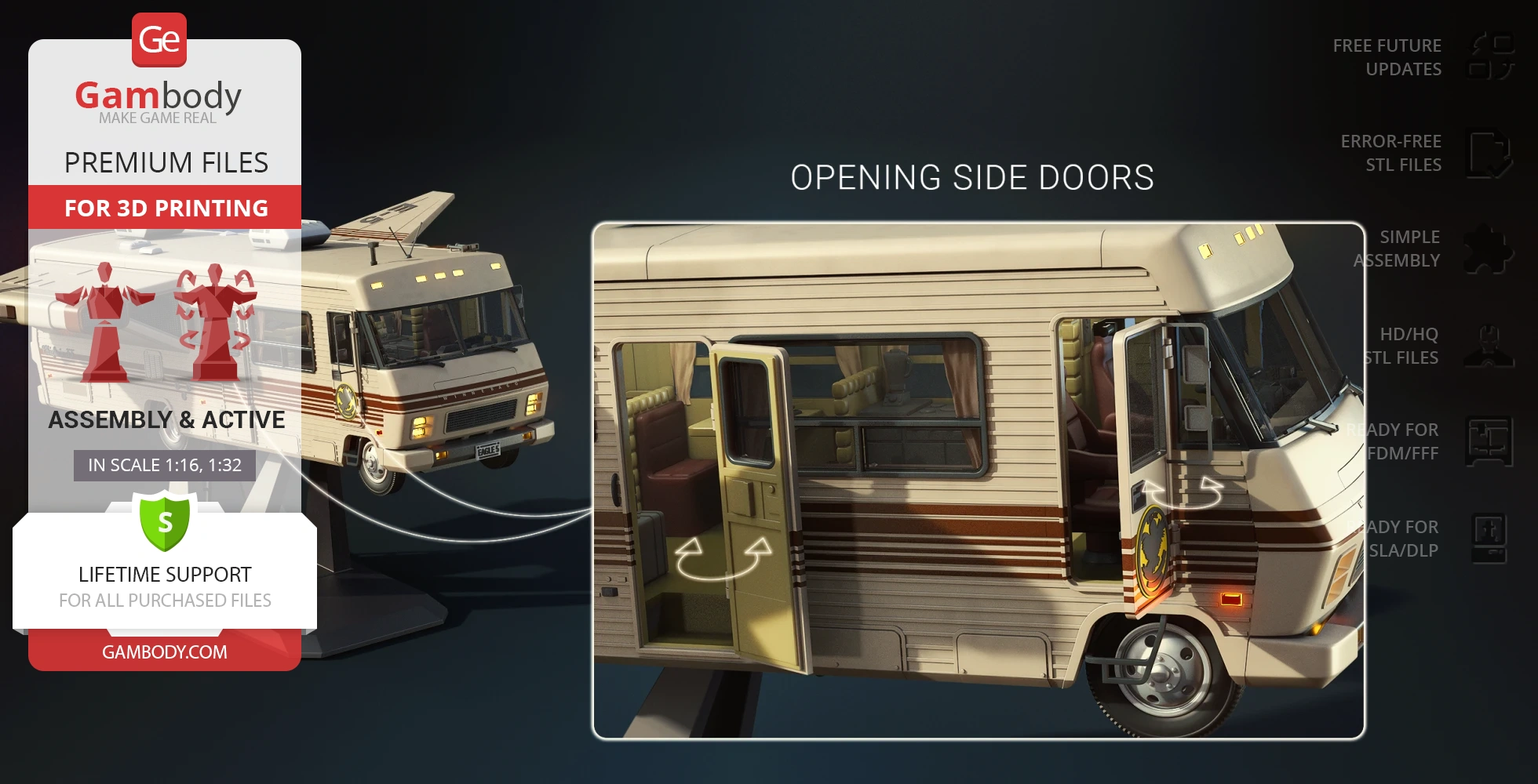 A detailed sci-fi RV model with opening side doors for 3D printing, featuring Gambody branding.