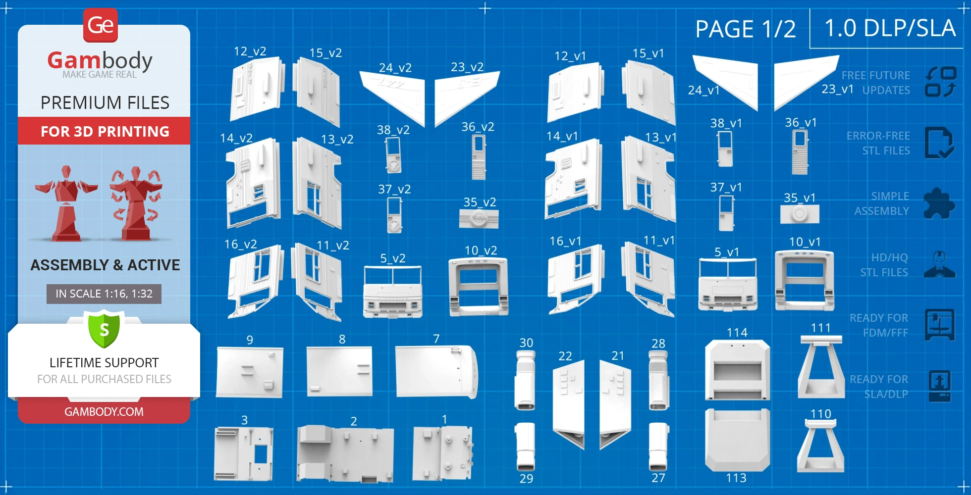 Blueprint of Eagle 5 3D model parts for printing, arranged in a grid on a blue background.