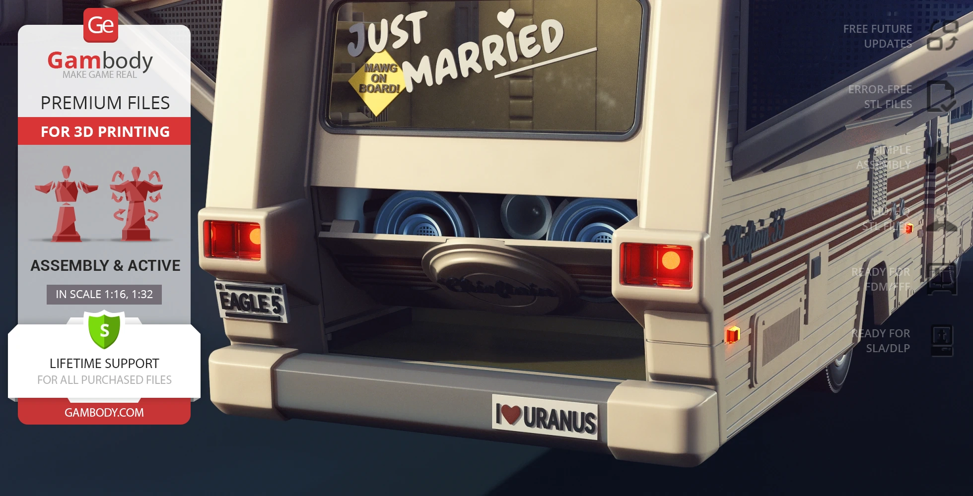 Retro RV model labeled 'Eagle 5' with 'Just Married' sign and humorous sticker.