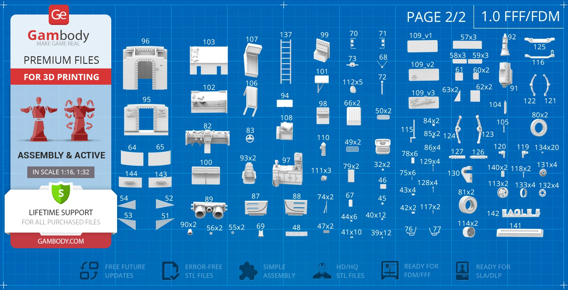 Blueprint of Eagle 5 model parts labeled for 3D printing assembly, displayed on a blue grid background.