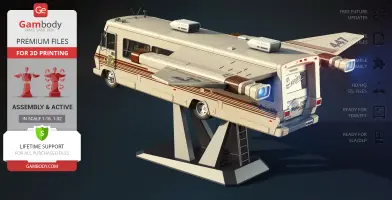 Retro-styled spaceship resembling an RV with wings, displayed on a stand for 3D printing.