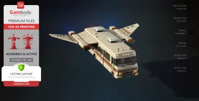 A sci-fi RV with wings for 3D printing, resembling a spaceship in beige with stripe details.