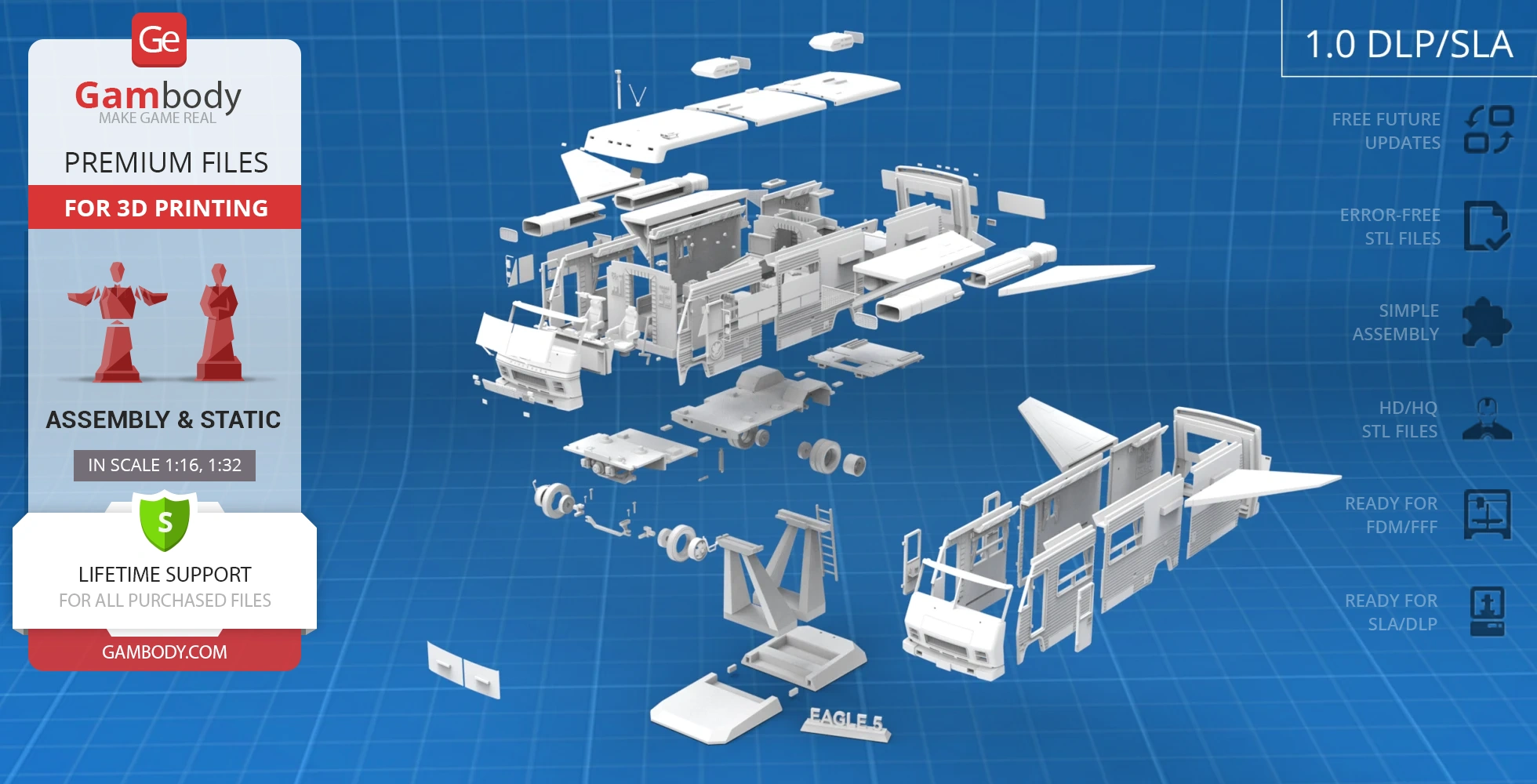 Exploded view of a 3D printable Eagle 5 vehicle model with detailed assembly components.