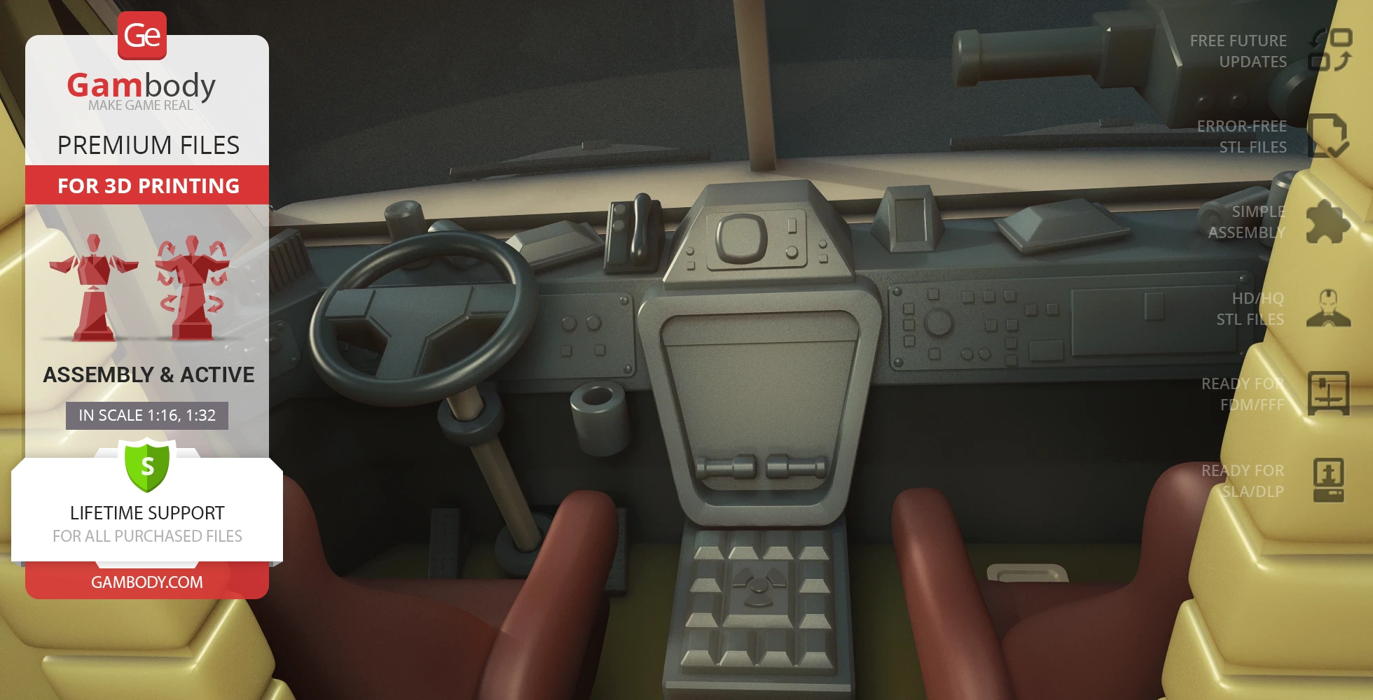 A 3D model of a vehicle cockpit dashboard with a steering wheel and control panels.