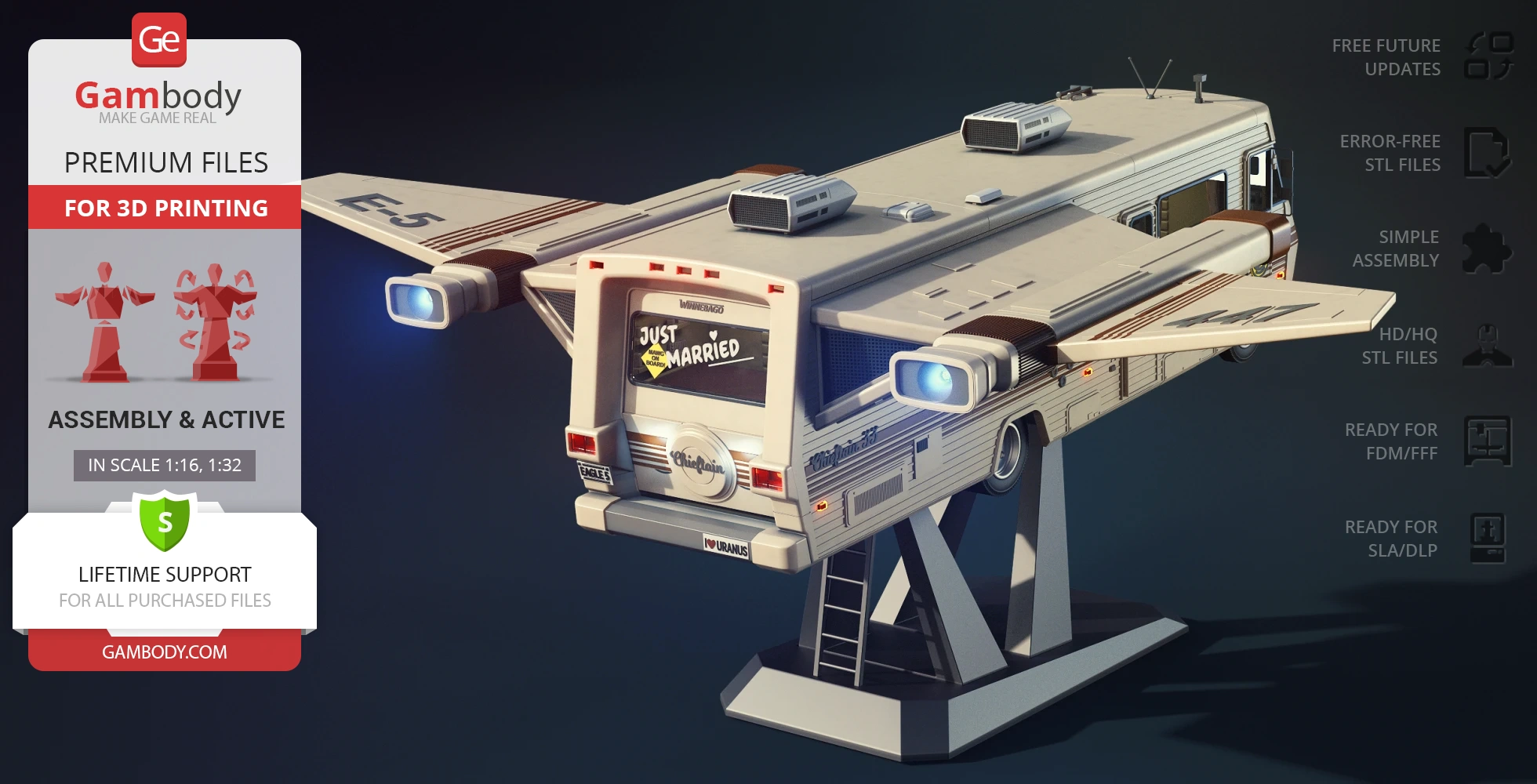 Flying RV spaceship model with wings and a 'Just Married' sign, styled for 3D printing.