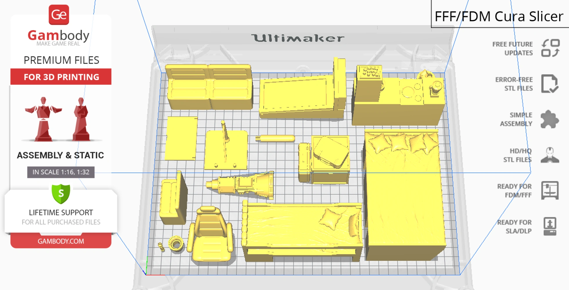 3D printable model parts laid out on a grid, featuring furniture and vehicle components for assembly.