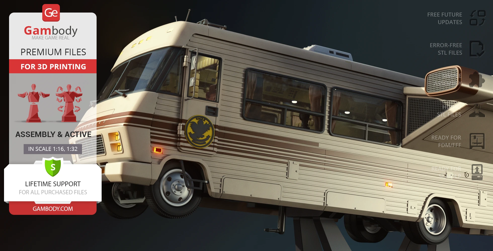 A detailed 3D model of a vintage RV from a sci-fi setting, featuring fins and a unique design.