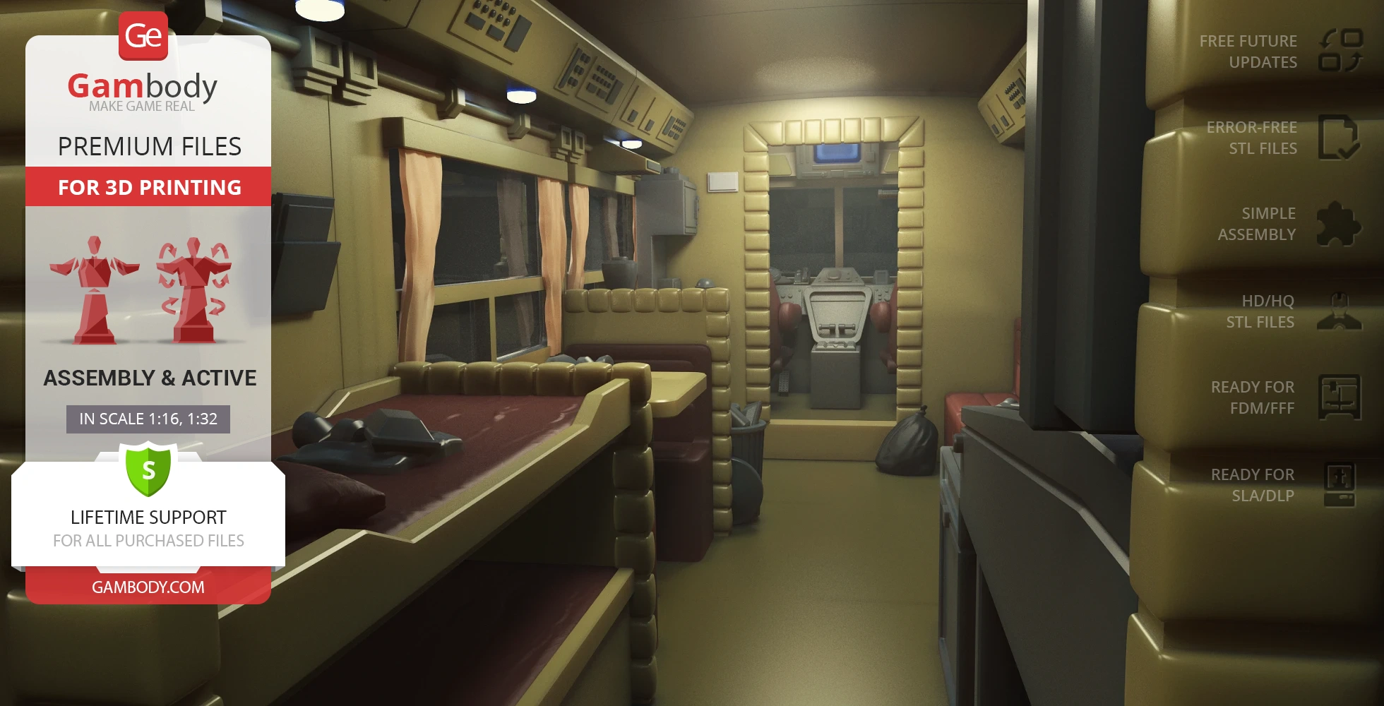 A detailed 3D model depicting a sci-fi vehicle's interior cabin, designed for 3D printing.