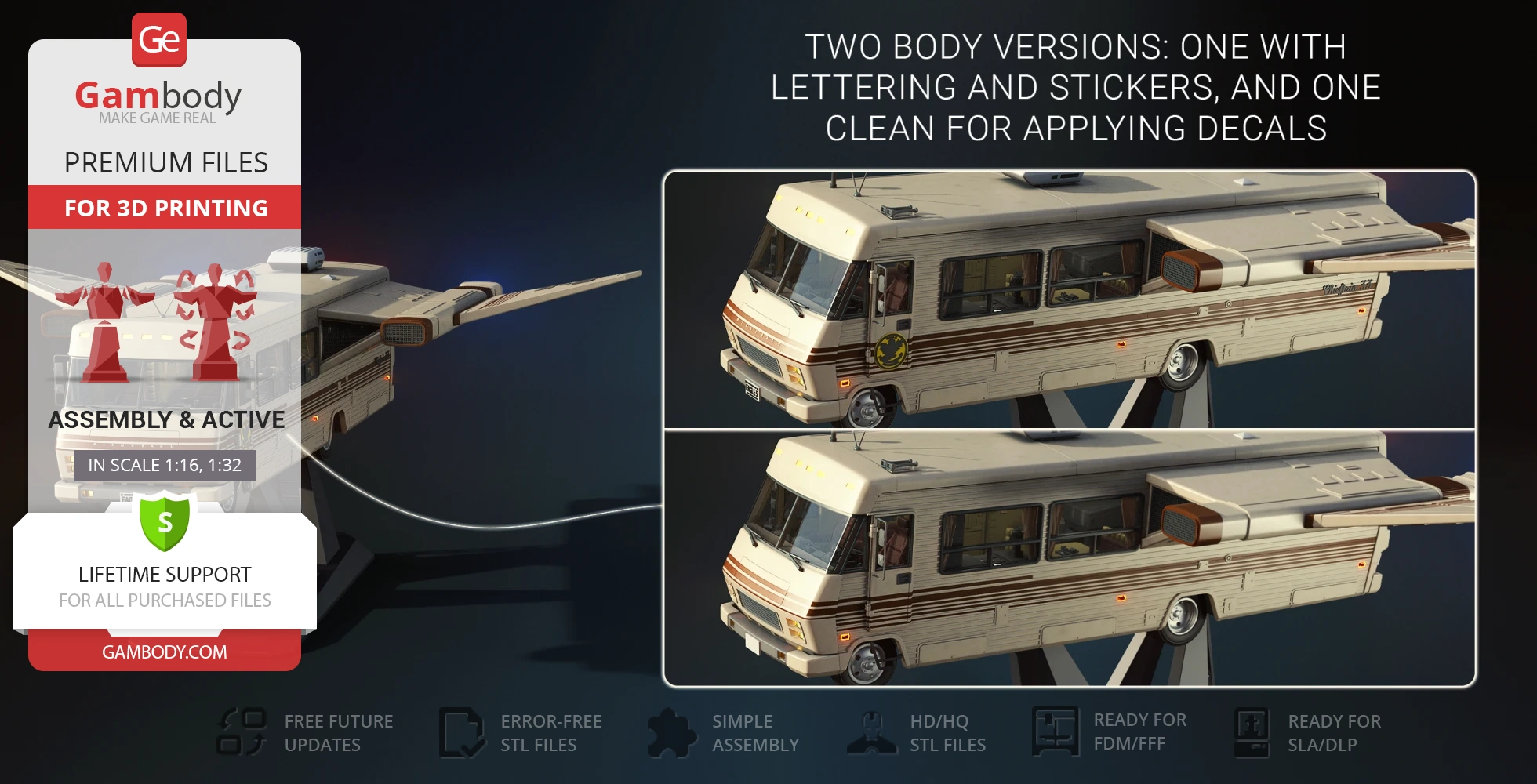 Futuristic RV spaceship model with two versions for decals, displayed on Gambody for 3D printing.