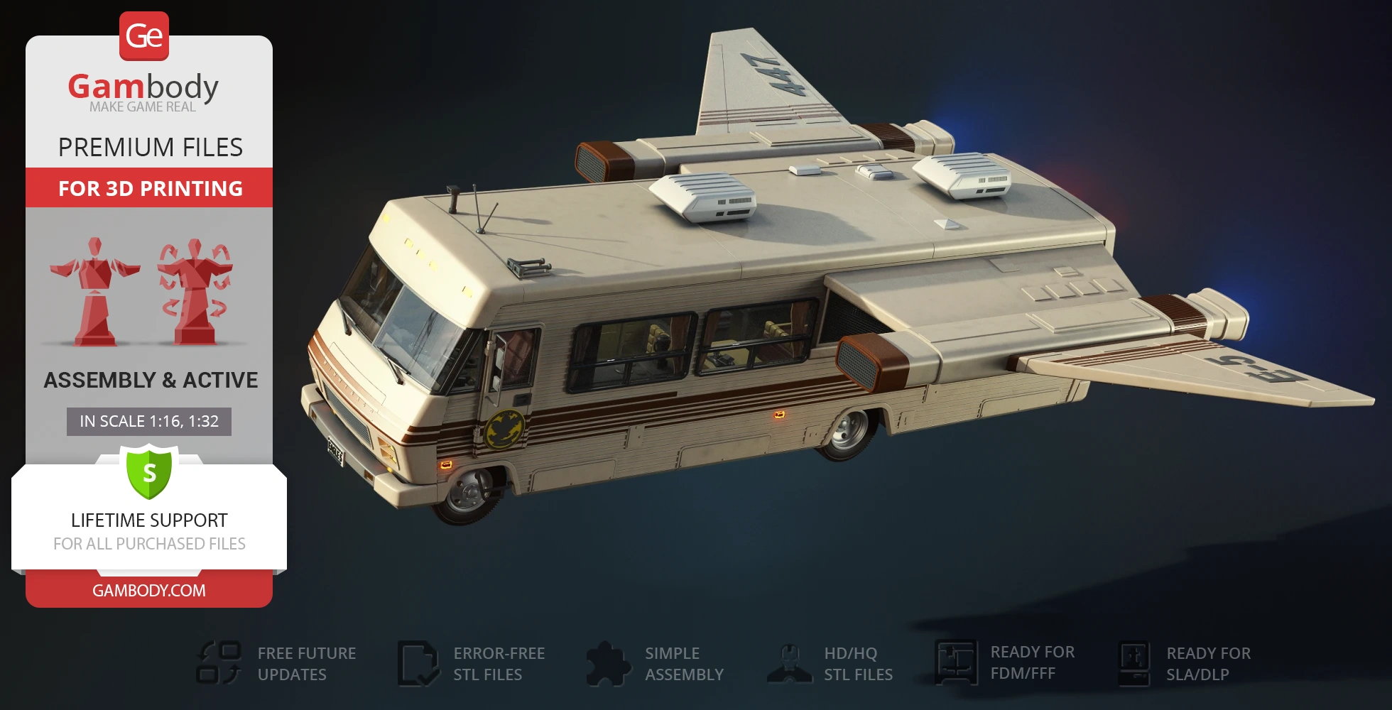 A detailed 3D model of a sci-fi RV with wings, combining vehicle and spacecraft elements for 3D printing.