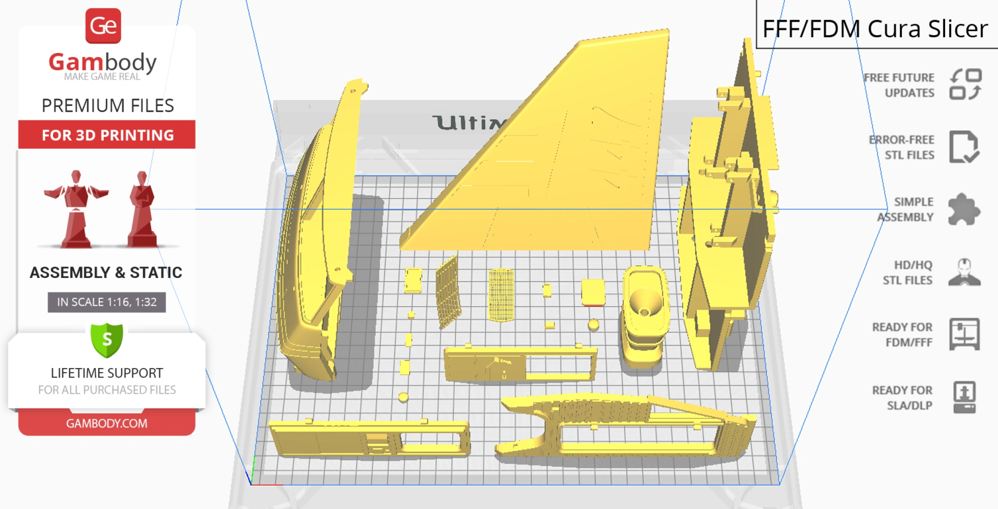 Disassembled 3D model of a sci-fi vehicle, ready for printing, shown in yellow on a grid layout.