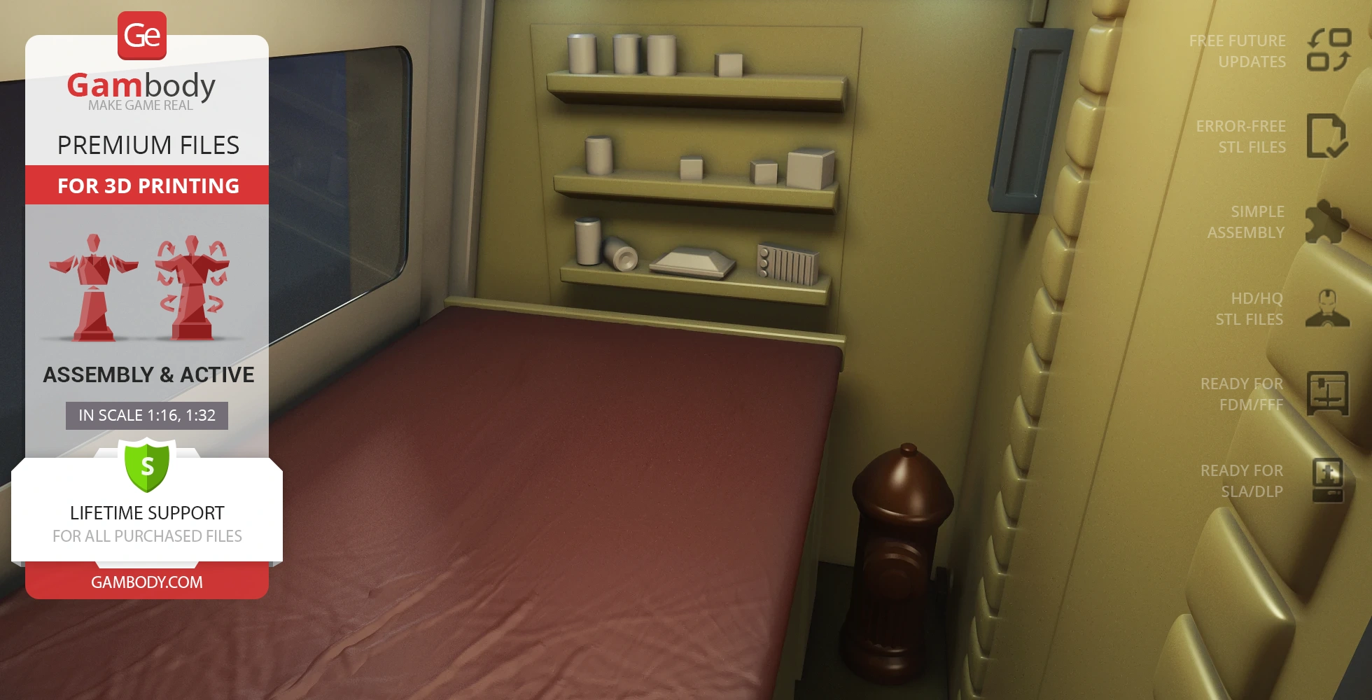 A cozy sci-fi room with a bed, small shelves with objects, and a lamp, featuring Gambody 3D printing files.