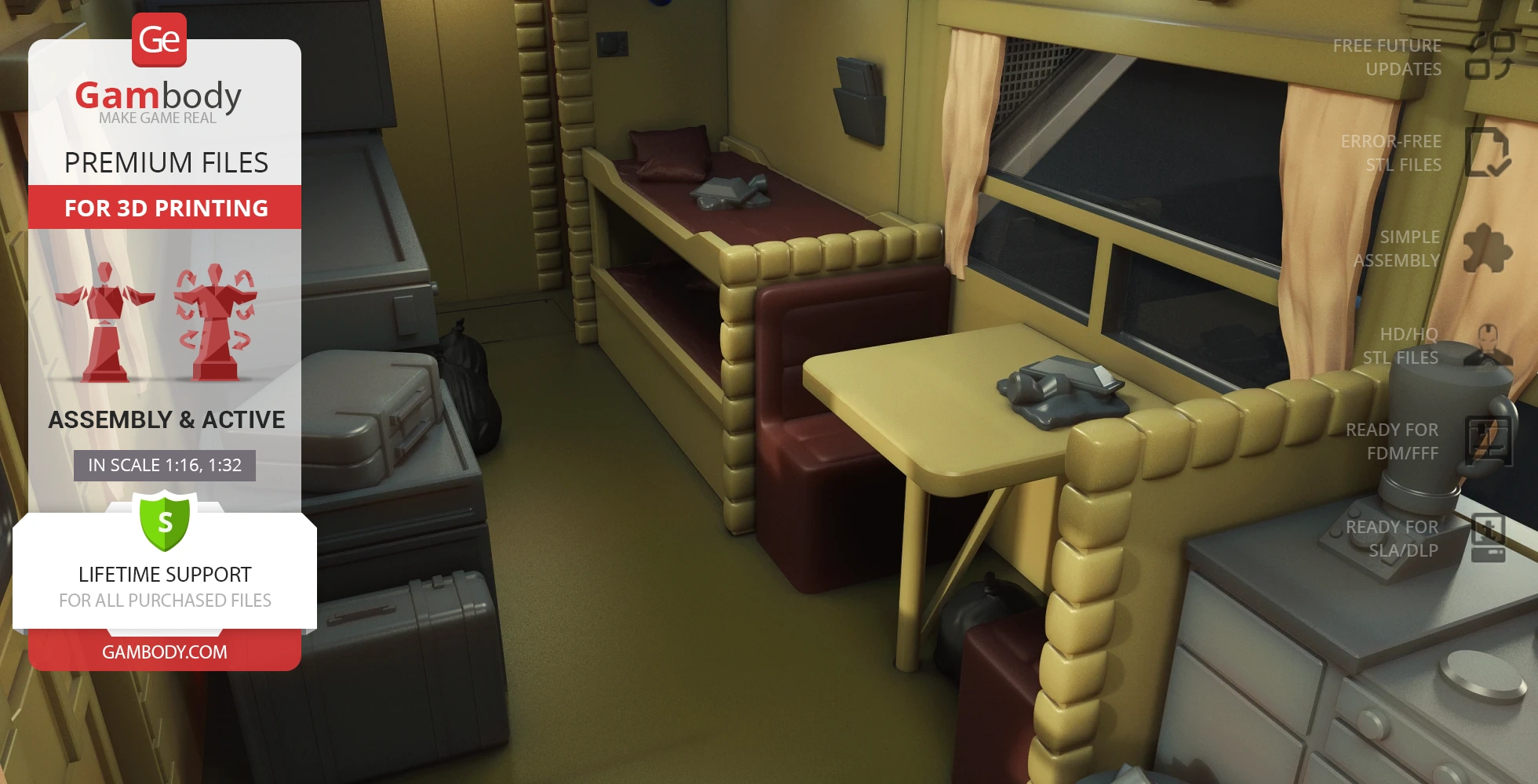 A detailed 3D model of a sci-fi interior with bunk beds, a table, and various furnishings.