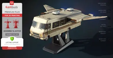 A detailed 3D model of a sci-fi RV spacecraft with wings, displayed on a stand.