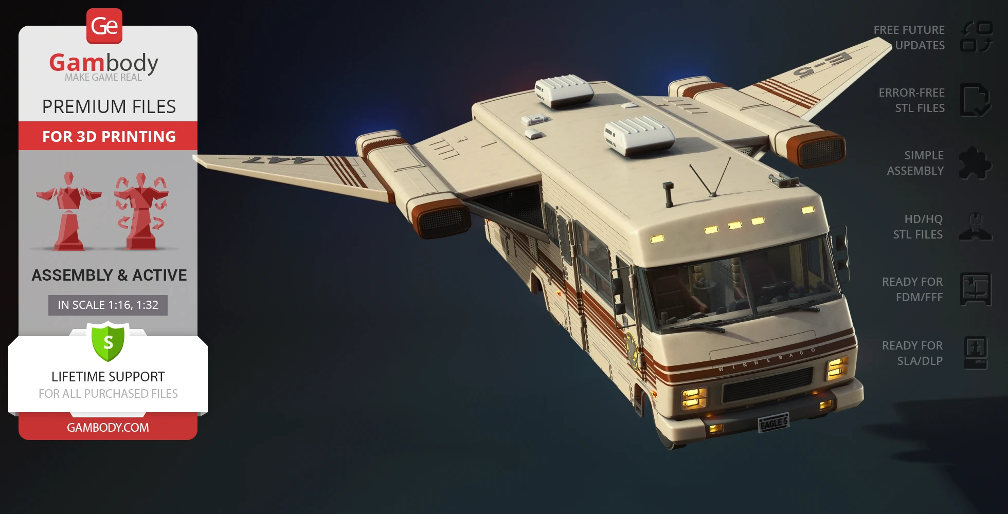 Futuristic vehicle merging a spacecraft with a classic RV, featuring wings and sci-fi details.