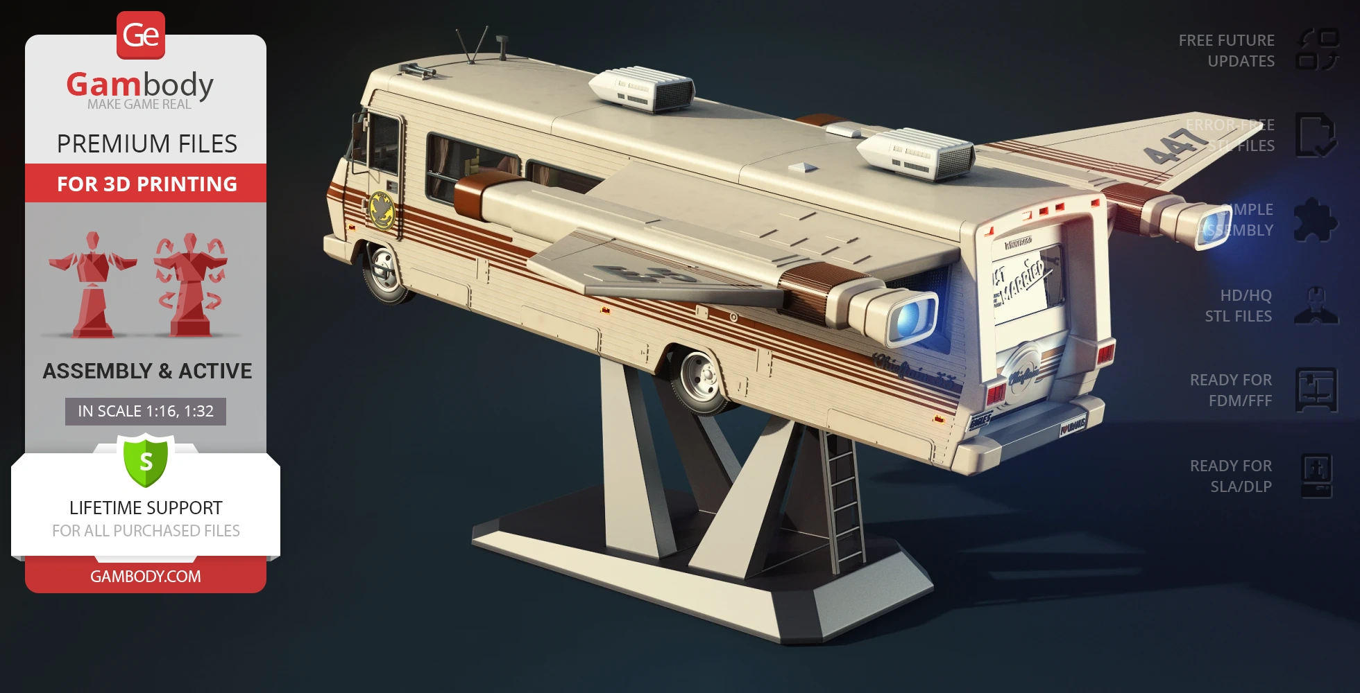 Retro-styled spaceship resembling an RV with wings, displayed on a stand for 3D printing.