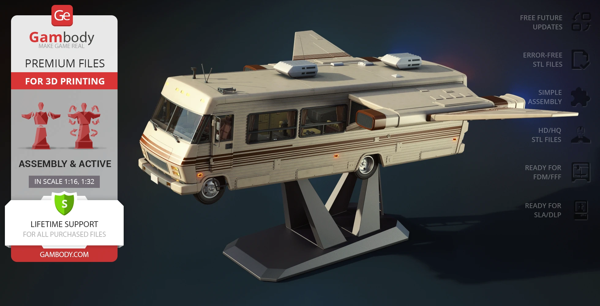 A detailed 3D model of a futuristic RV-like spaceship with wings, displayed on a stand for 3D printing.