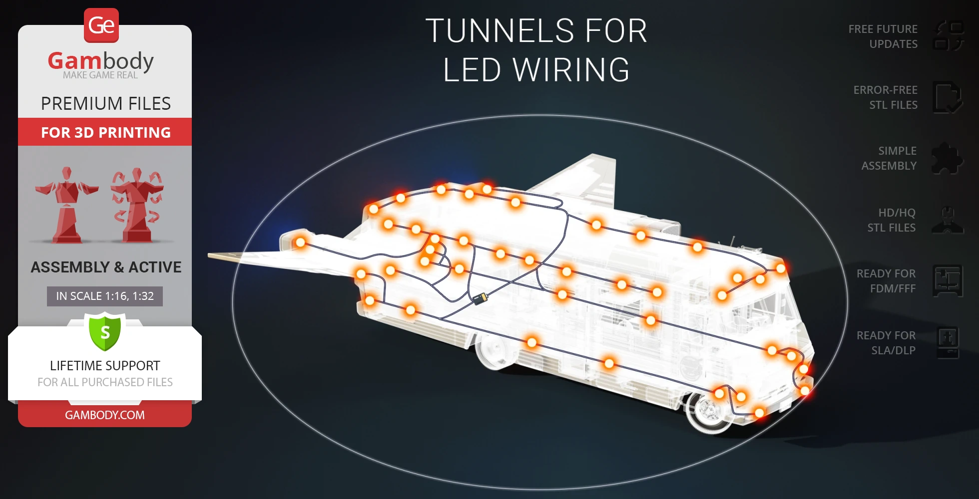 A transparent vehicle model showing LED wiring paths for 3D printing, with Gambody branding on the left.