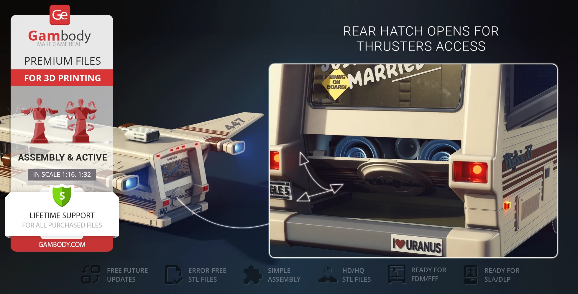 Futuristic RV with engine thrusters, labeled Eagle 5, designed for 3D printing.