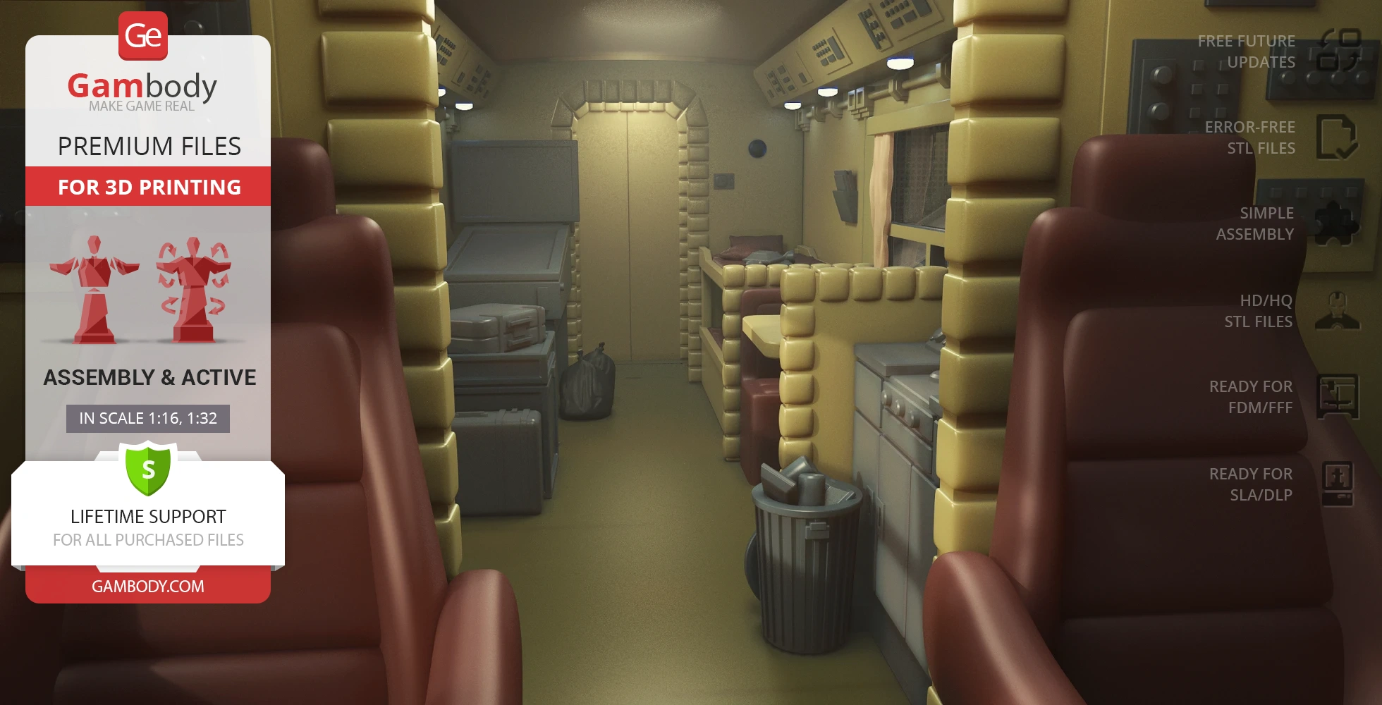 Interior of a sci-fi spaceship with seats, control panels, and storage areas.