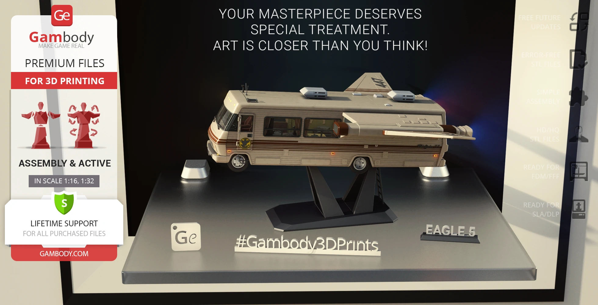 A detailed 3D model of a vintage RV spaceship, displayed on a stand for 3D printing showcase.