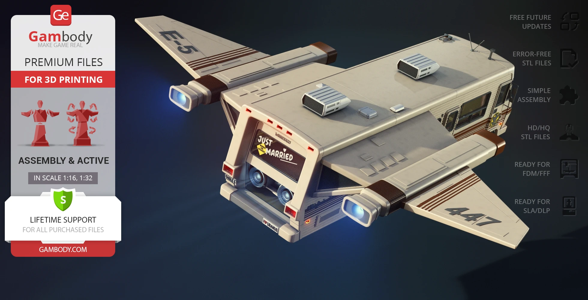 Futuristic RV spaceship with wings, engines, and 'Just Married' sign on the back.