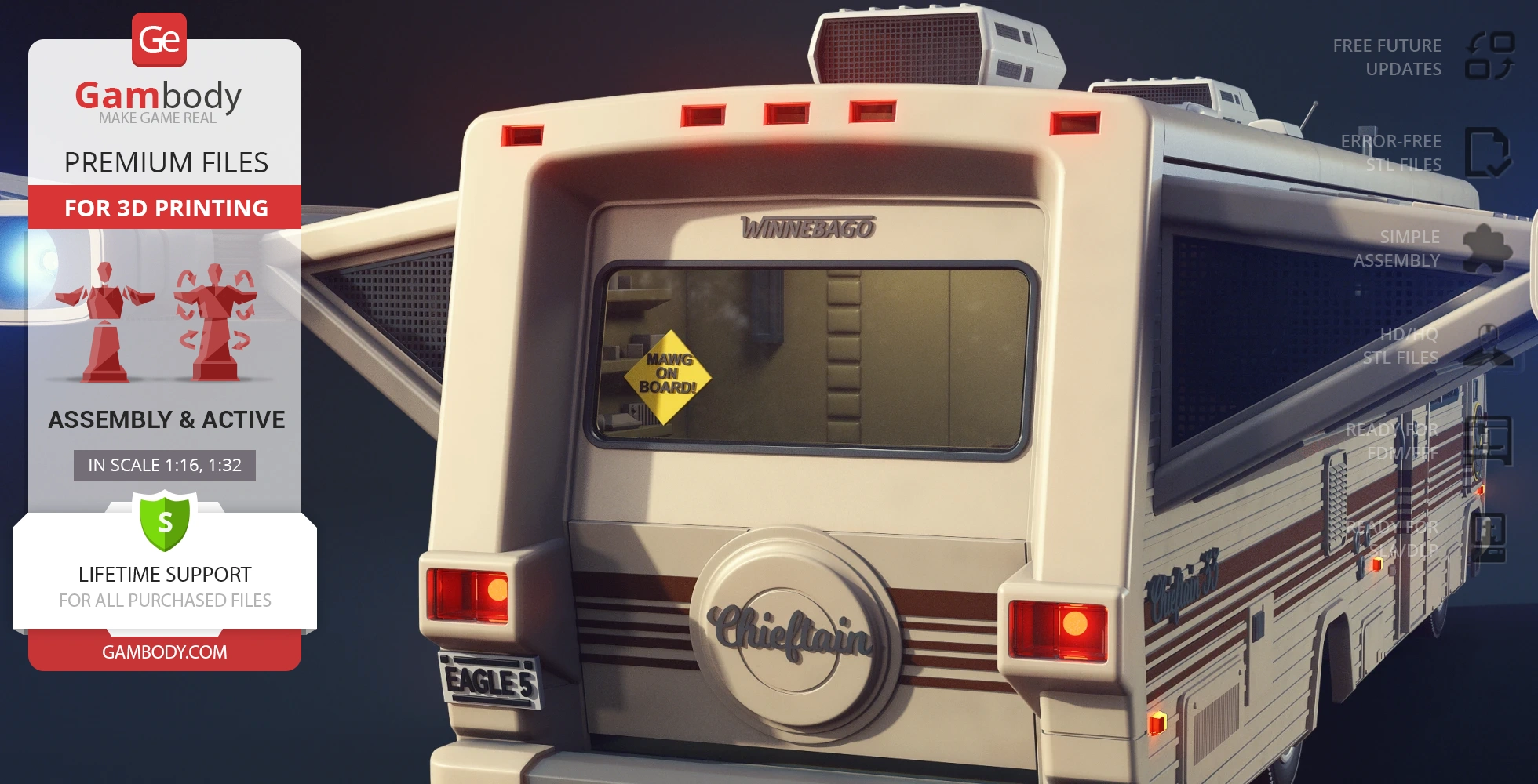 A sci-fi RV model with wings and a 'Mawg on Board' sign, for 3D printing by Gambody.