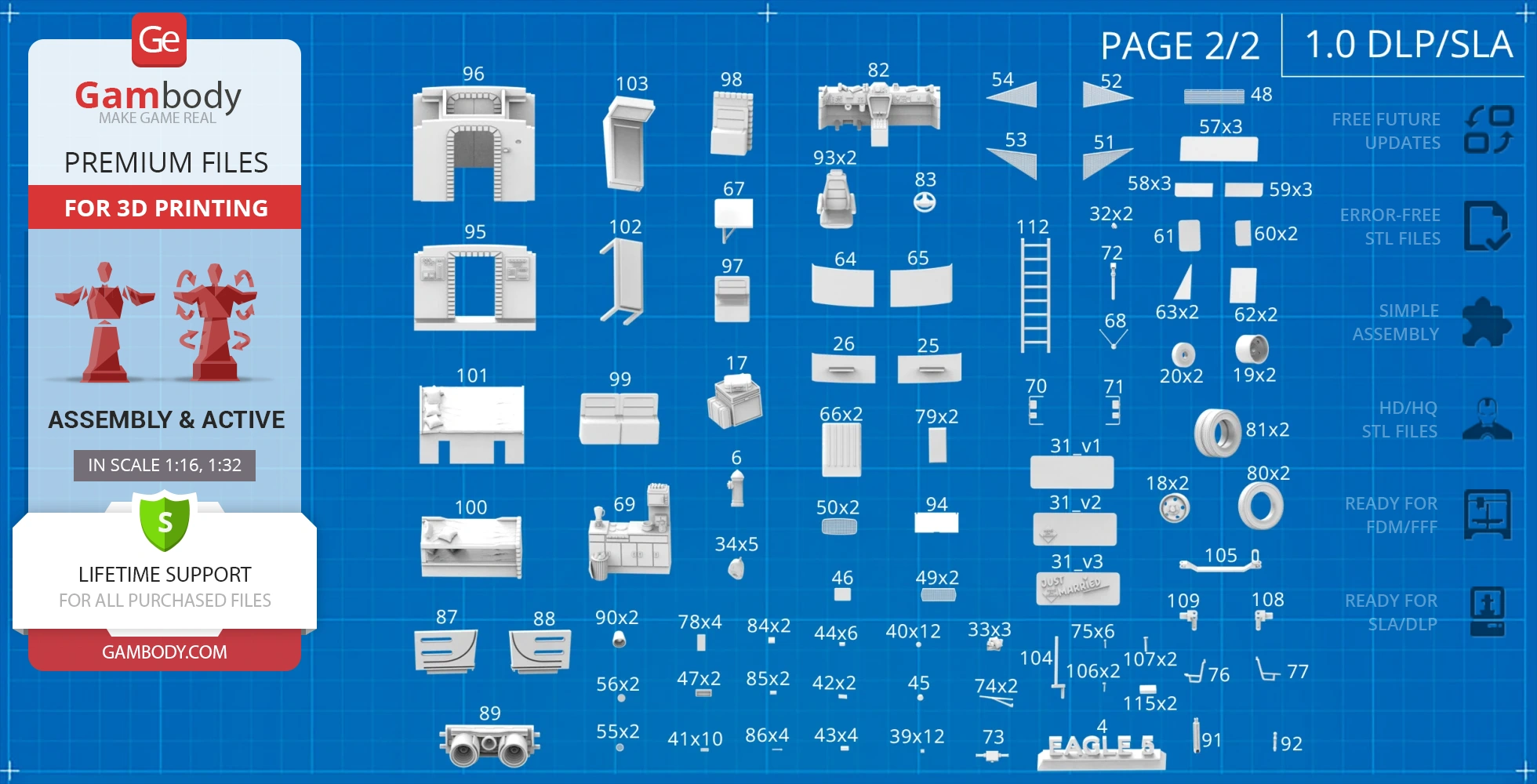 Various 3D printable sci-fi vehicle parts, Eagle 5 model assembly, on a blueprint background.