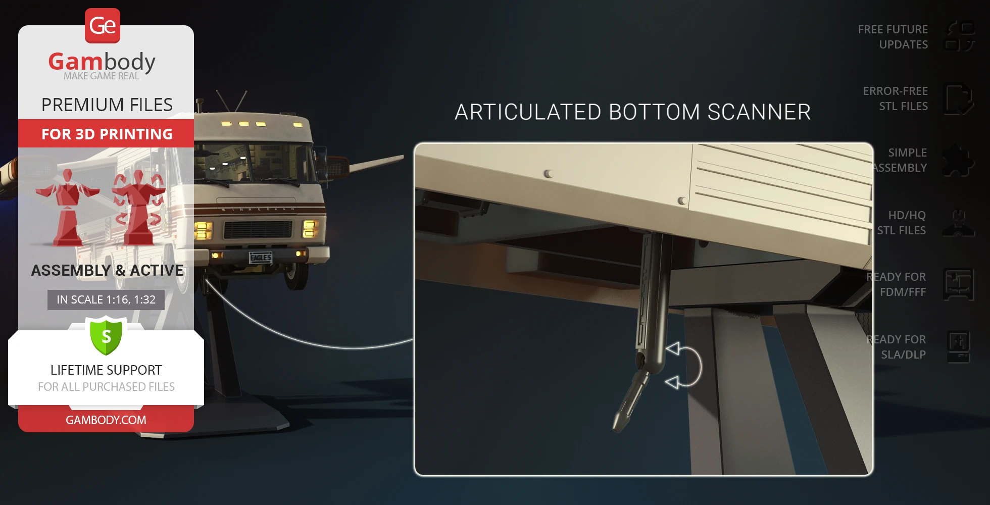 A sci-fi vehicle model for 3D printing, featuring an articulated bottom scanner detail.