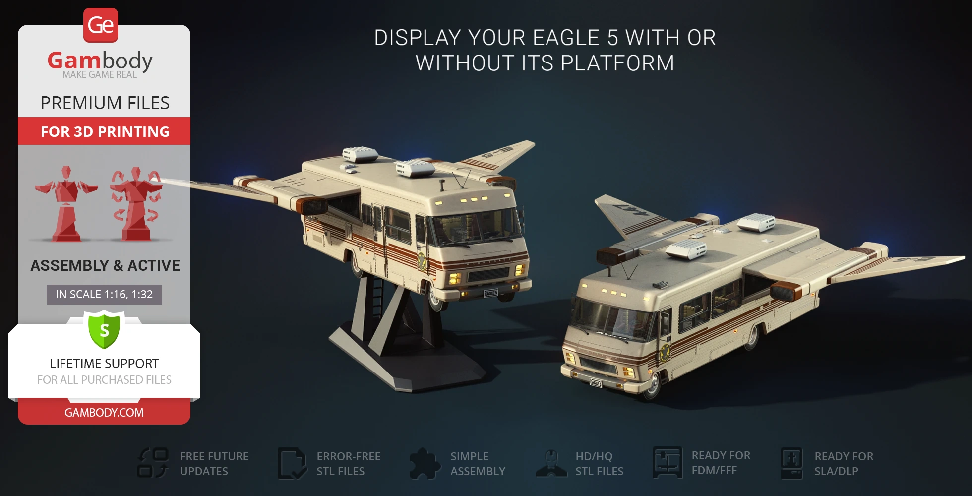 A sci-fi vehicle resembling an RV with wings, shown on and off a display platform.