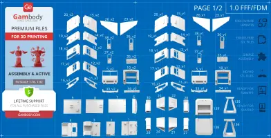 Blueprint of 3D-printed parts for 'Eagle 5' model from Gambody. Includes labeled components for assembly.