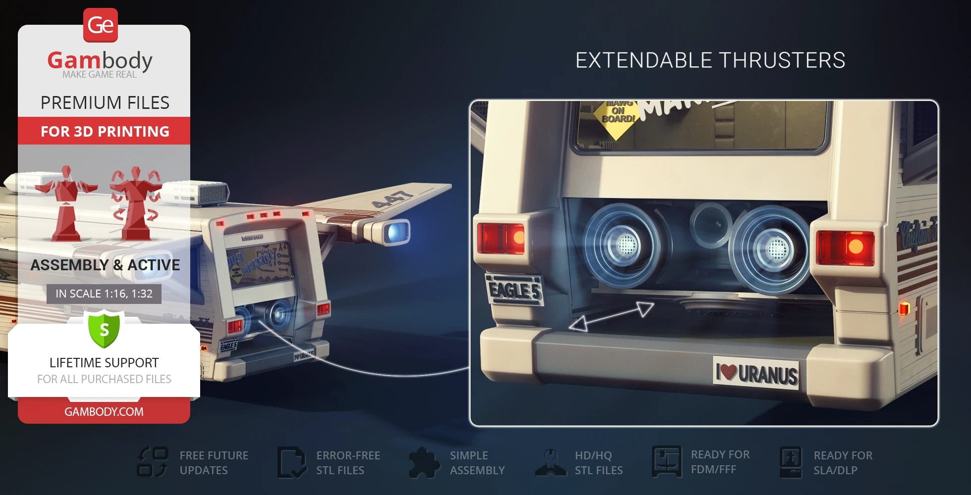 Retro spaceship model with wings and extendable thrusters, designed for 3D printing.