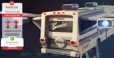 Futuristic RV spaceship with 'Just Married' sign, engine lights glowing.