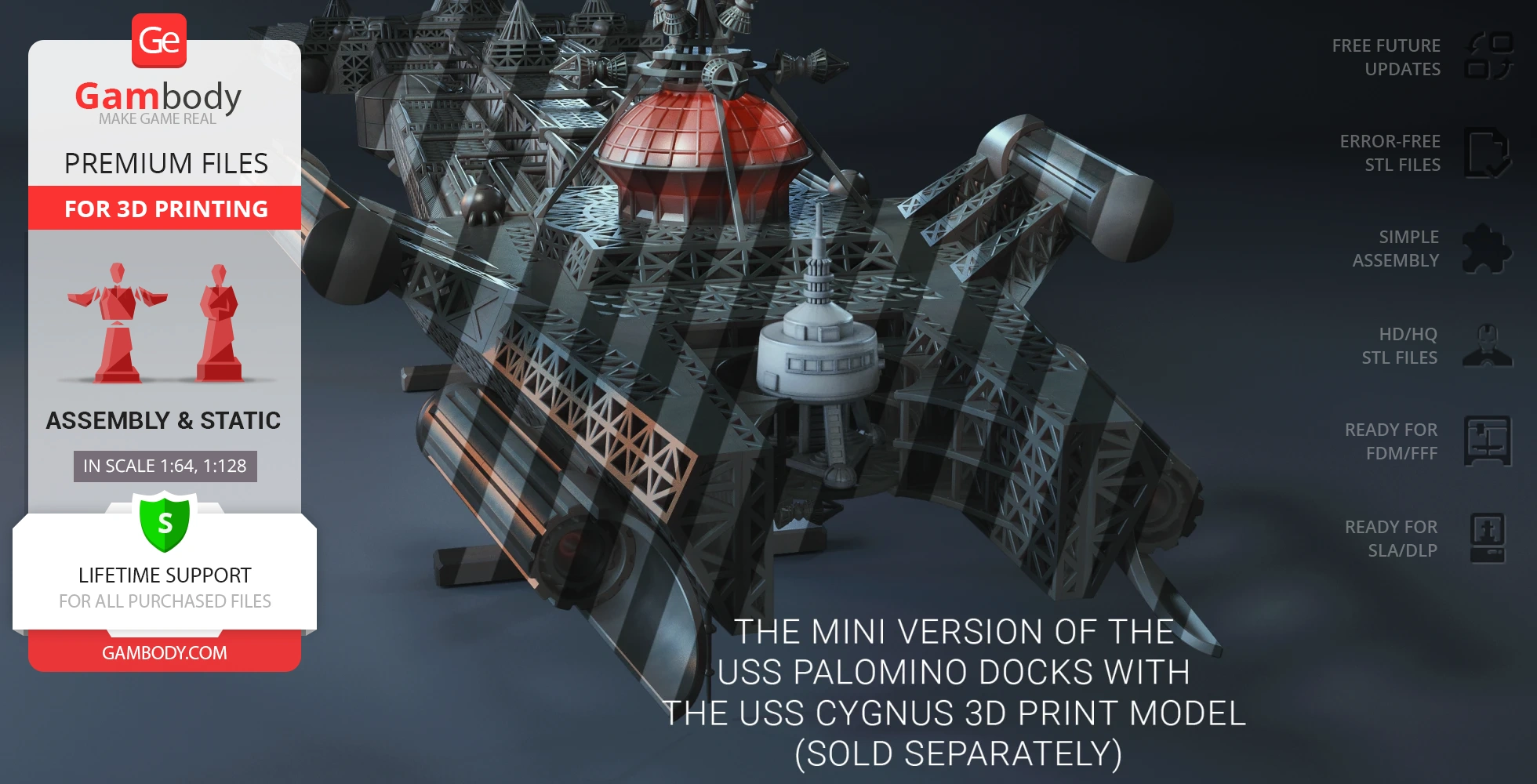 Intricate 3D model of the USS Palomino spaceship, featuring detailed geometric structures.
