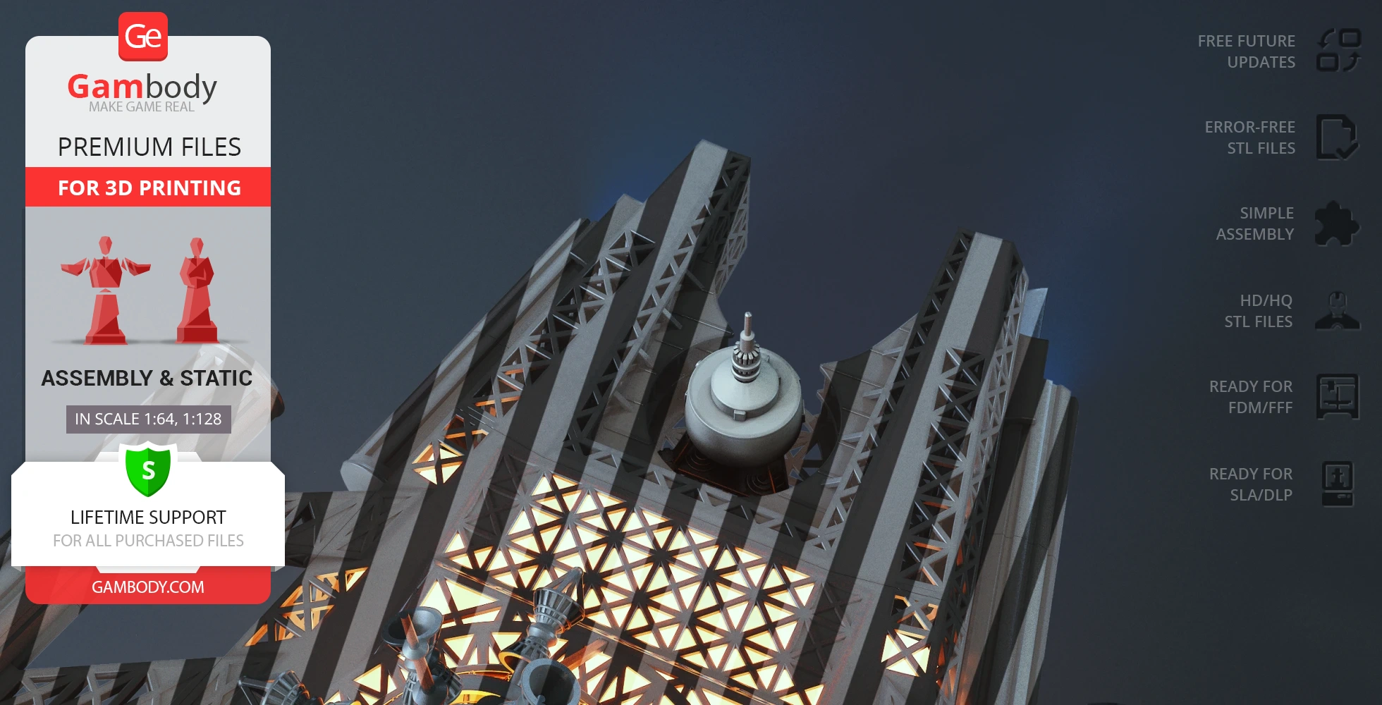 Futuristic spaceship with intricate geometric design, ready for 3D printing from Gambody.