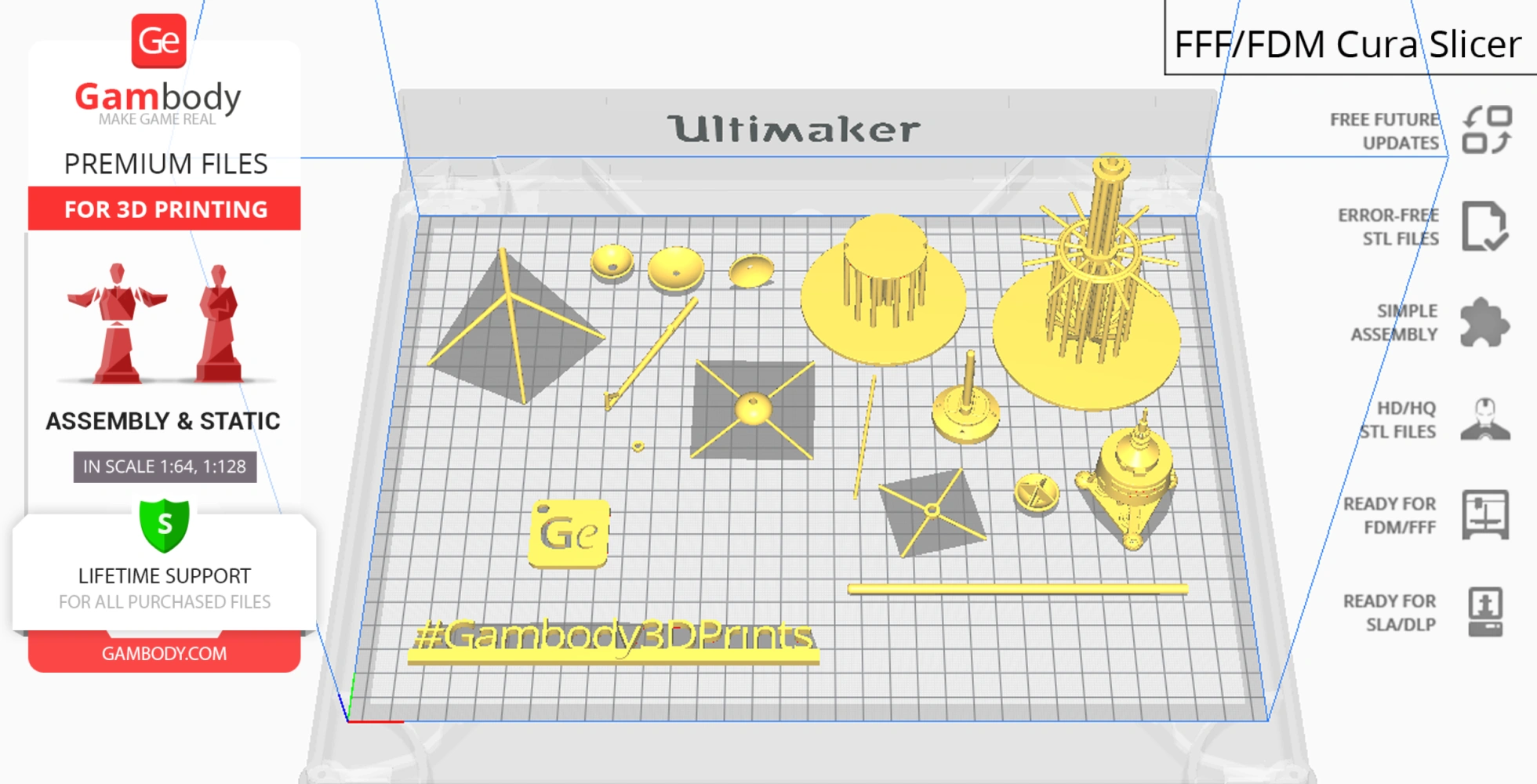 3D printer build plate with disassembled USS Palomino parts arranged for printing.