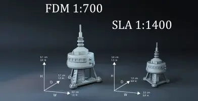 Two detailed spaceship models with sizes labeled for 3D printing at scales FDM 1:700 and SLA 1:1400.