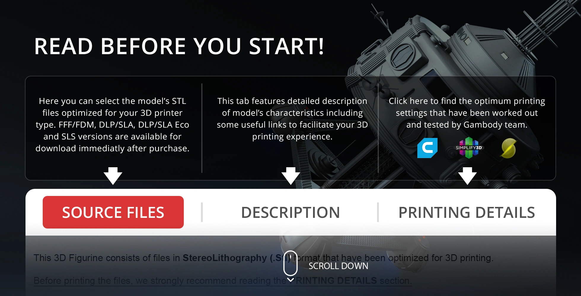 Text advising to read instructions before downloading and printing USS Palomino 3D model files.