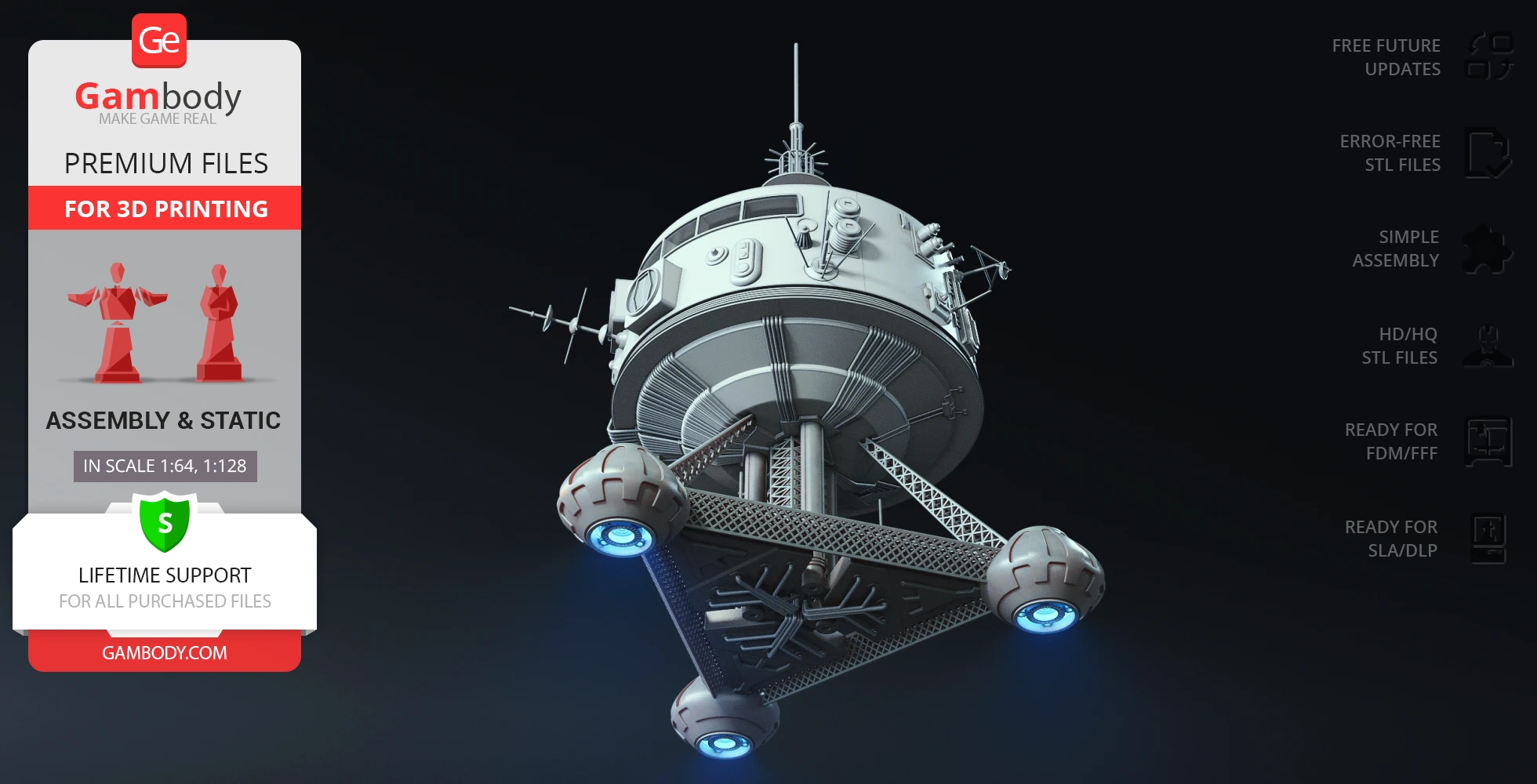A detailed 3D model of the USS Palomino spaceship with intricate features and blue-lit thrusters.