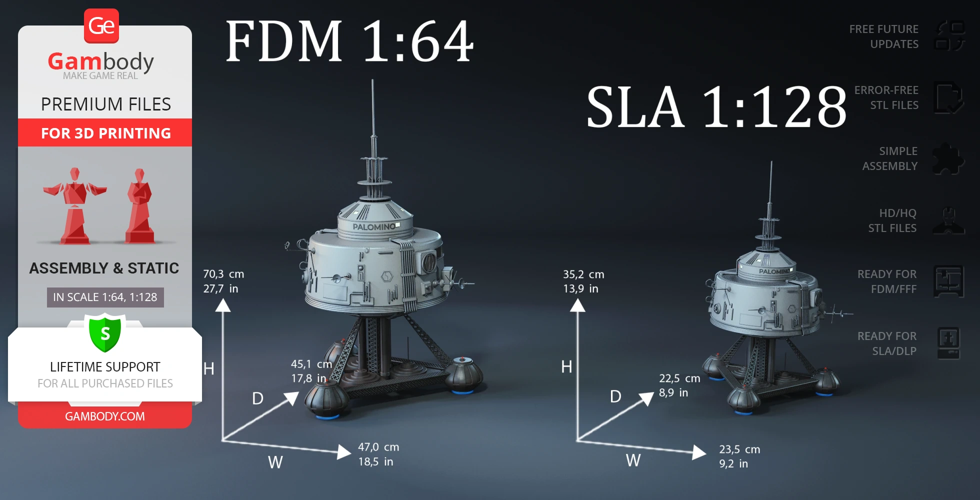 Two detailed USS Palomino spaceship models in FDM 1:64 and SLA 1:128 scales with measurements.