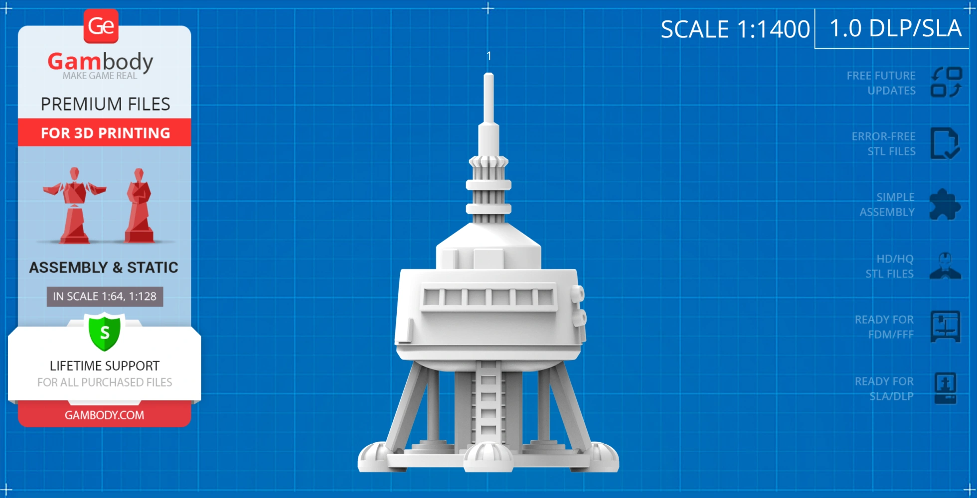 Futuristic spaceship model with antenna tower and platform base on a blueprint background.