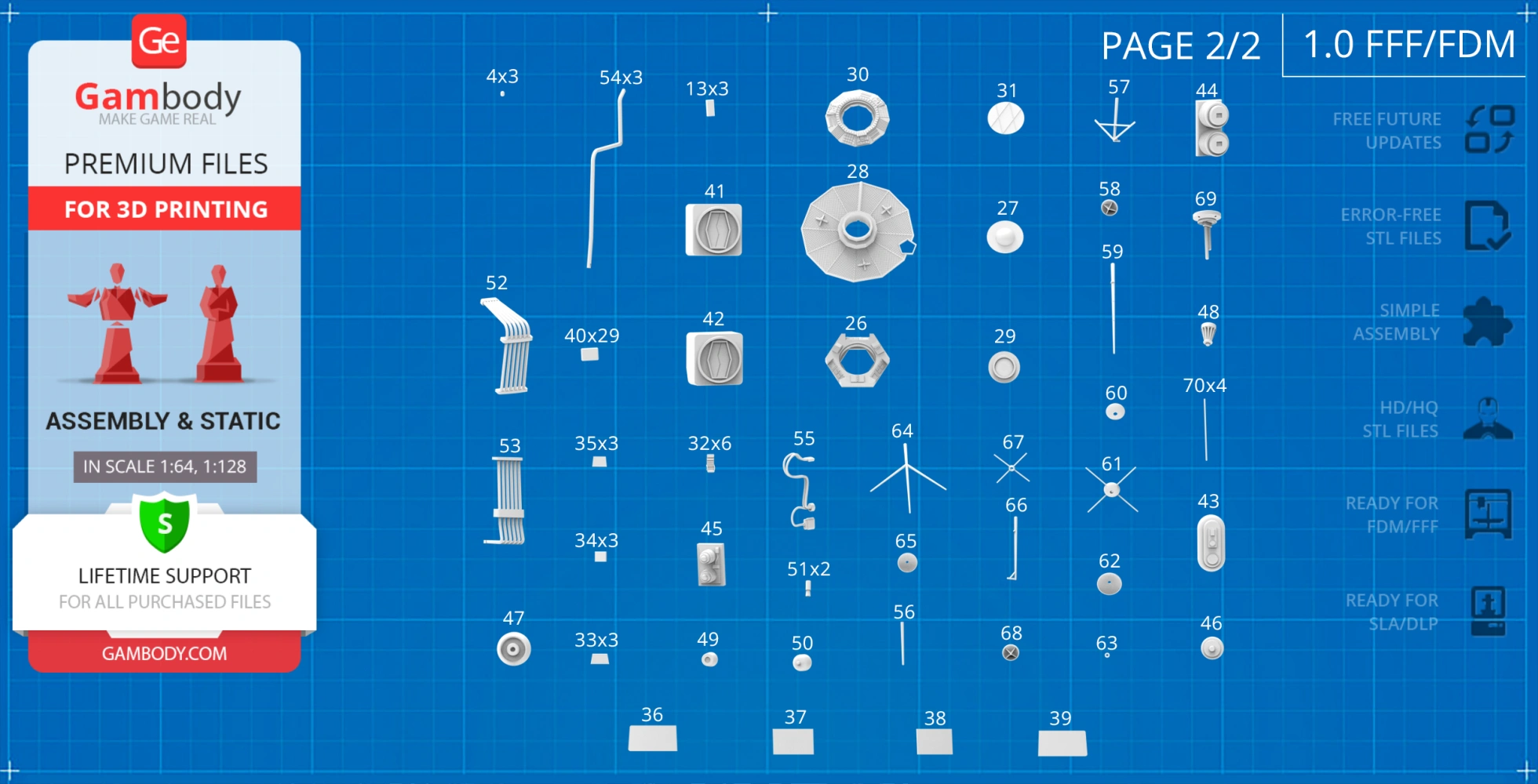 Blueprint showing various spaceship parts for 3D printing with labels and part numbers.