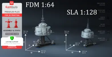 Two detailed USS Palomino spaceship models in FDM 1:64 and SLA 1:128 scales with measurements.