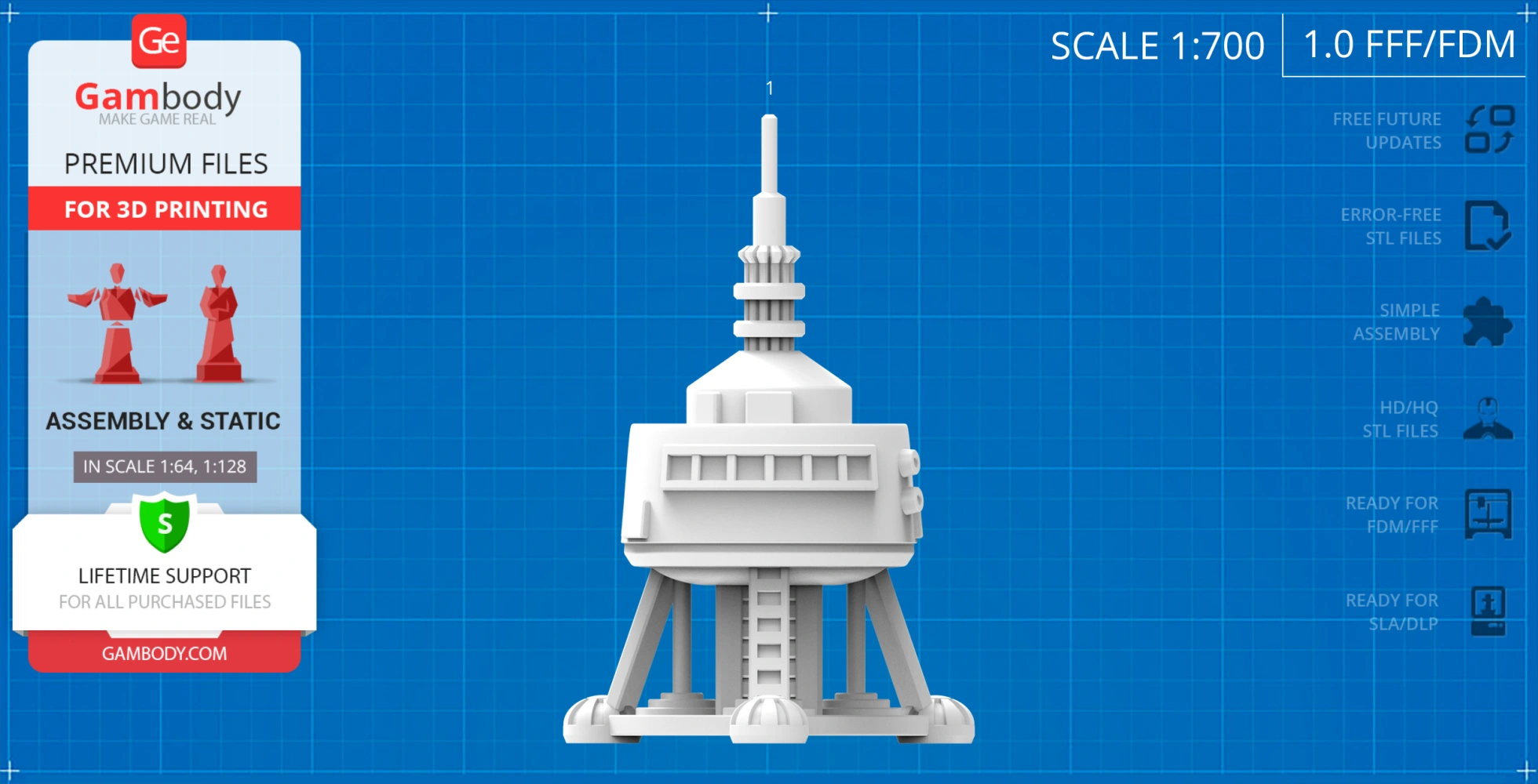 3D model of the USS Palomino spaceship on a blueprint-style background with scale and printing details.