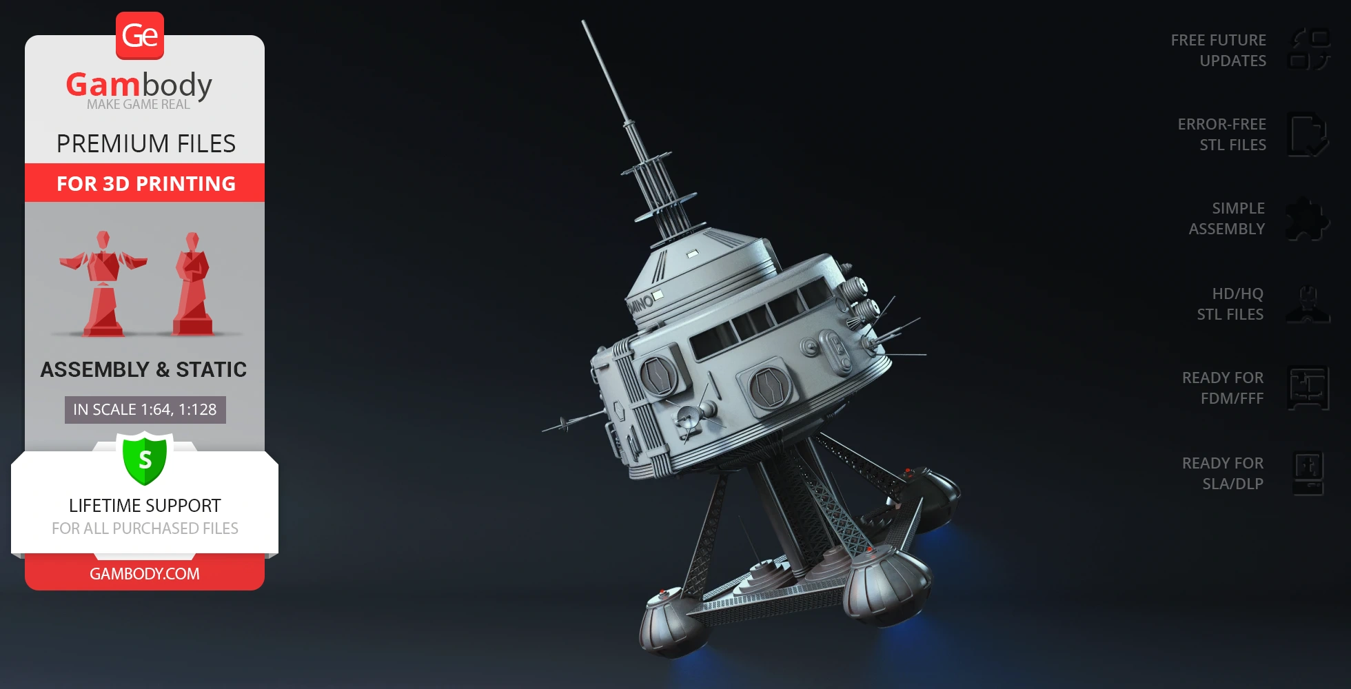 Futuristic spaceship model with antennas and landing legs, designed for 3D printing from Gambody.