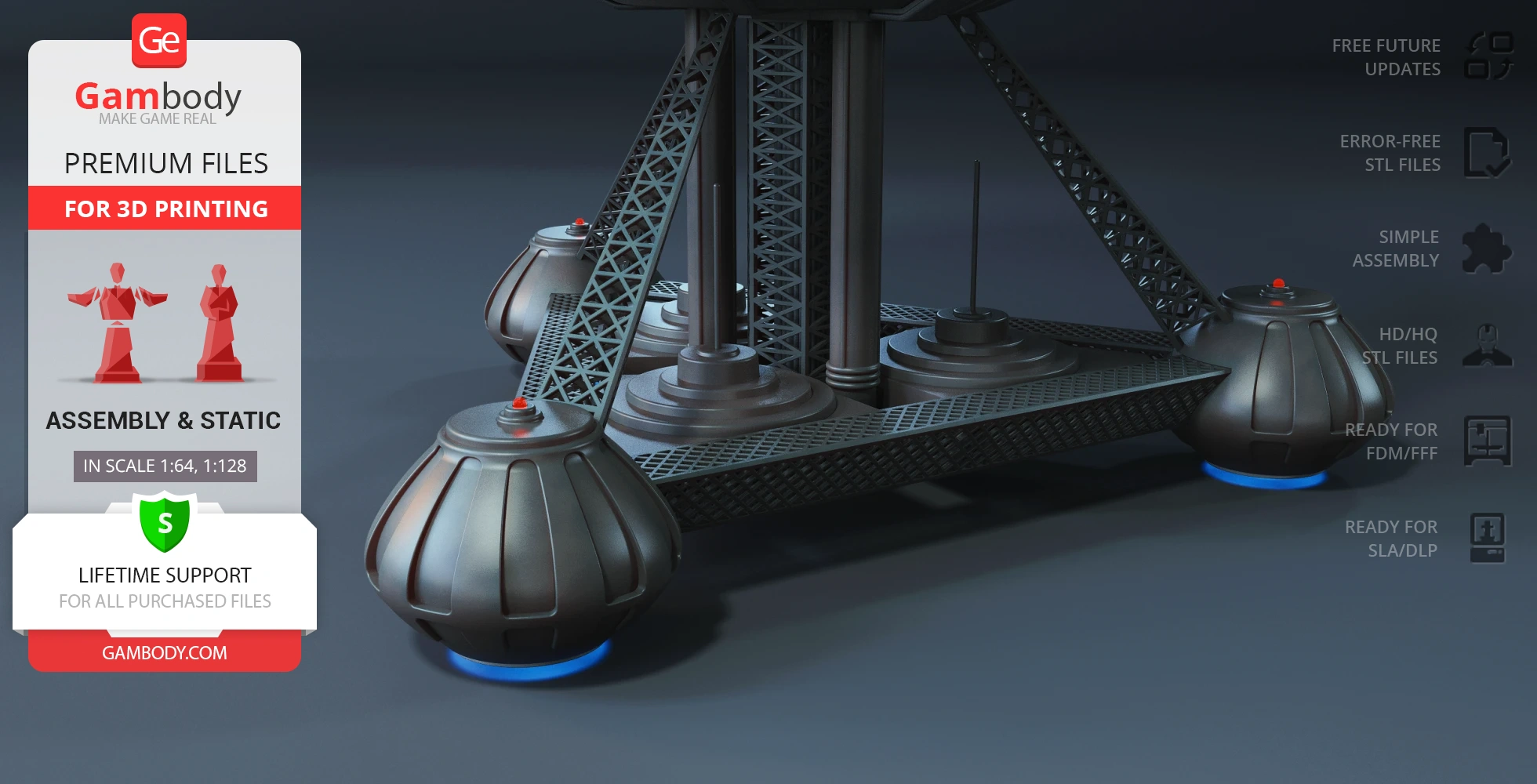 Futuristic spaceship landing gear with intricate latticework and round pods, designed for 3D printing.