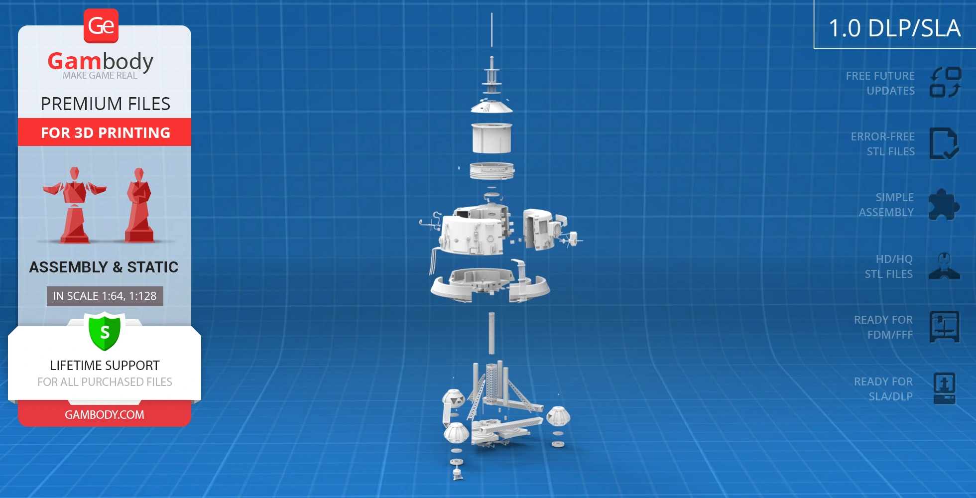 Exploded view of USS Palomino spaceship model, highlighting individual components for 3D printing.